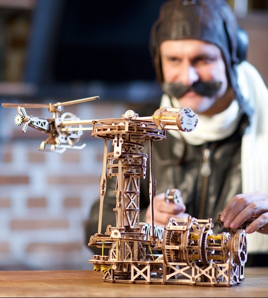 Ugears mechanical model kit Aviator and wooden 3D puzzle for self-assembly. Flying model with airplane, helicopter and flight control tower. Original gift for boys and girls and smart hobby for grown-ups.
