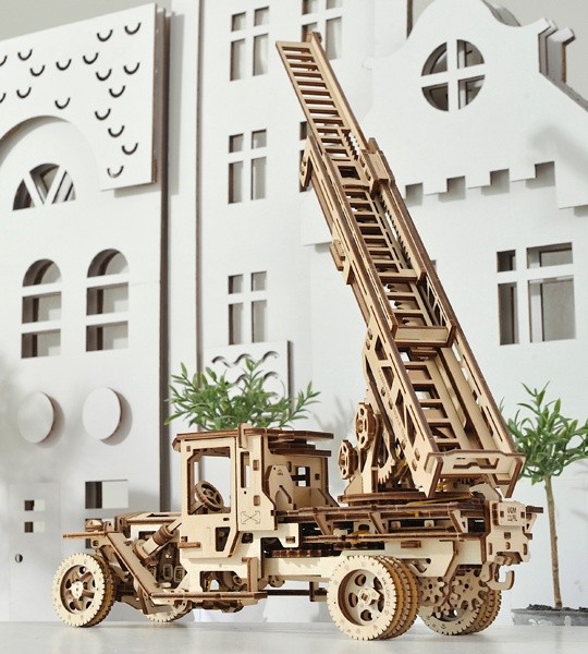 Ugears mechanical model kit Fire Ladder Truck and wooden 3D puzzle. Retractable 3-Section Fire Ladder and crane on a rotating platform of self-propelled truck. Original gift for boys and girls and smart hobby for grown-ups.