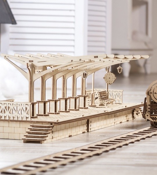 Ugears mechanical model kit Railway Platform and wooden 3D puzzle. Assembling construction kit and part of railway. Original gift for boys and girls and smart hobby for grown-ups.