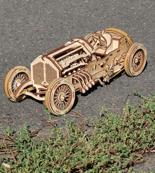 Ugears mechanical model kit U-9 Grand Prix Car and wooden 3D puzzle. V8 engine, self-propelled racing sports car for self-assembly. Original gift for boys and girls and smart hobby for grown-ups.